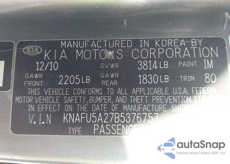 2011 Kia Forte Ex из США, поврежденный, VIN KNAFU5A27B5376757